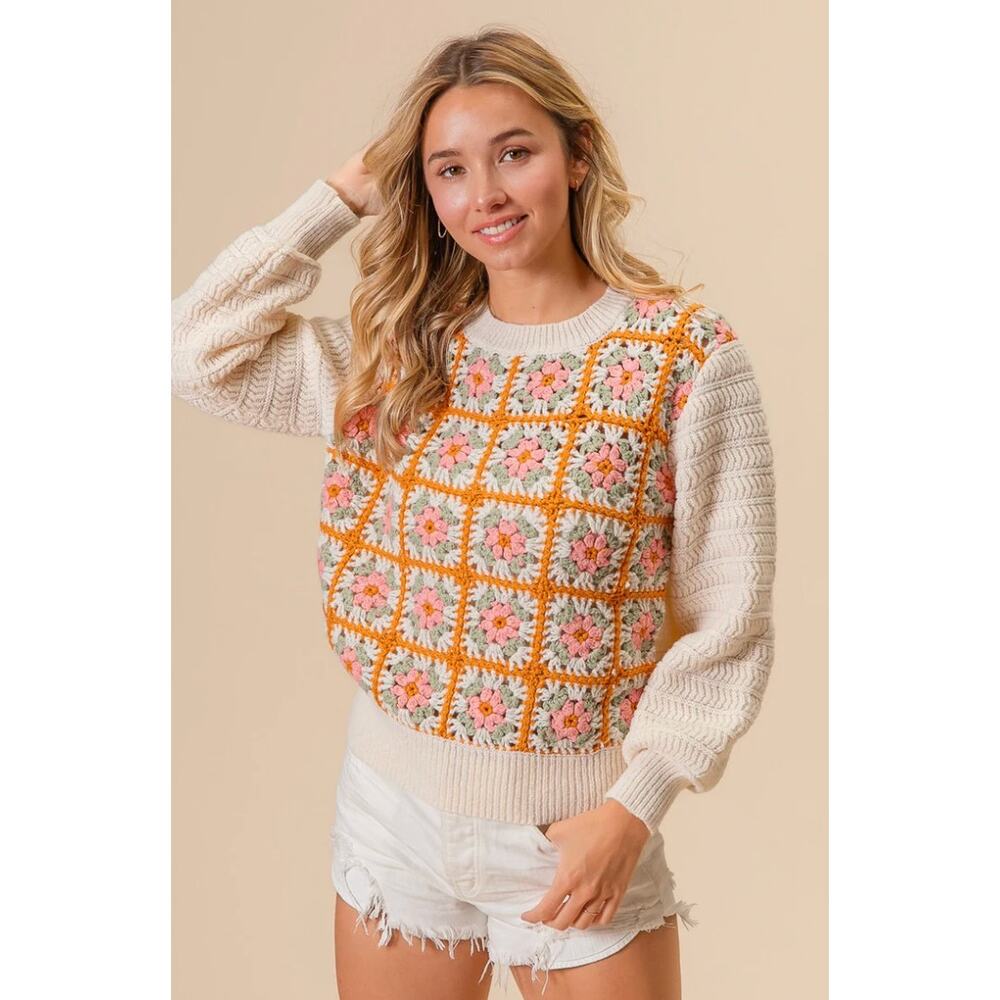 BiBi Sweater with Granny Square Flower Crochet Front in Ivory XL
